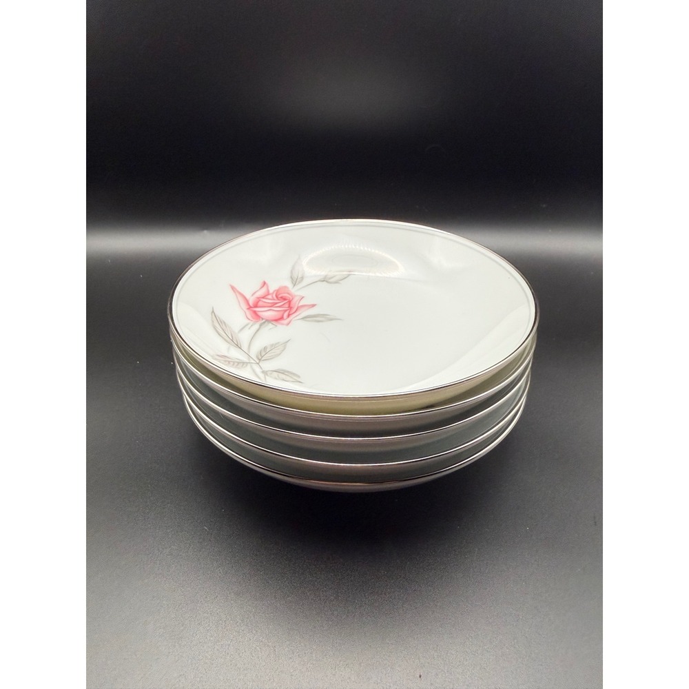 Noritake Adagio Fruit Dessert Bowls Set of 4 Pink Rose Platinum Trim 5508